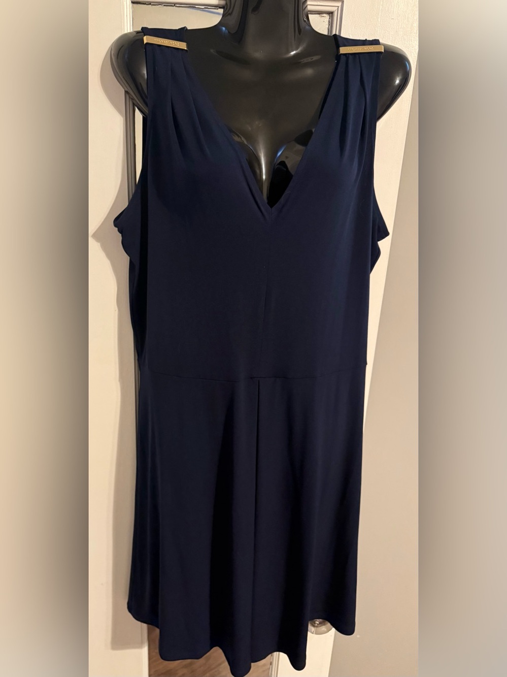 MICHAEL Kors Navy Blue Matte Jersey V-Neck Dress Gold Bar Shoulders Size 12